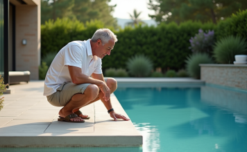 Homme d'âge moyen près d'une piscine moderne en été