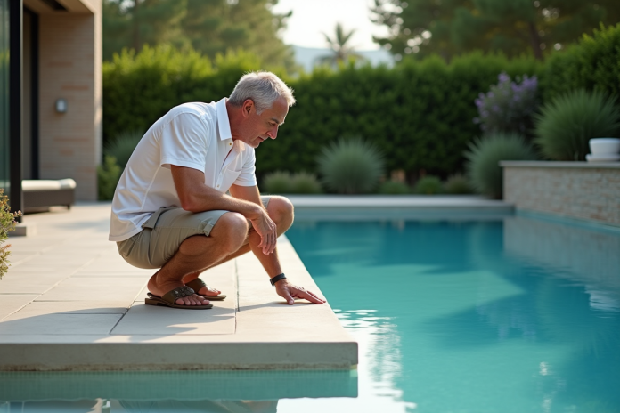 Homme d'âge moyen près d'une piscine moderne en été