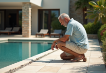 Homme d'âge moyen près de la piscine en pierre naturelle