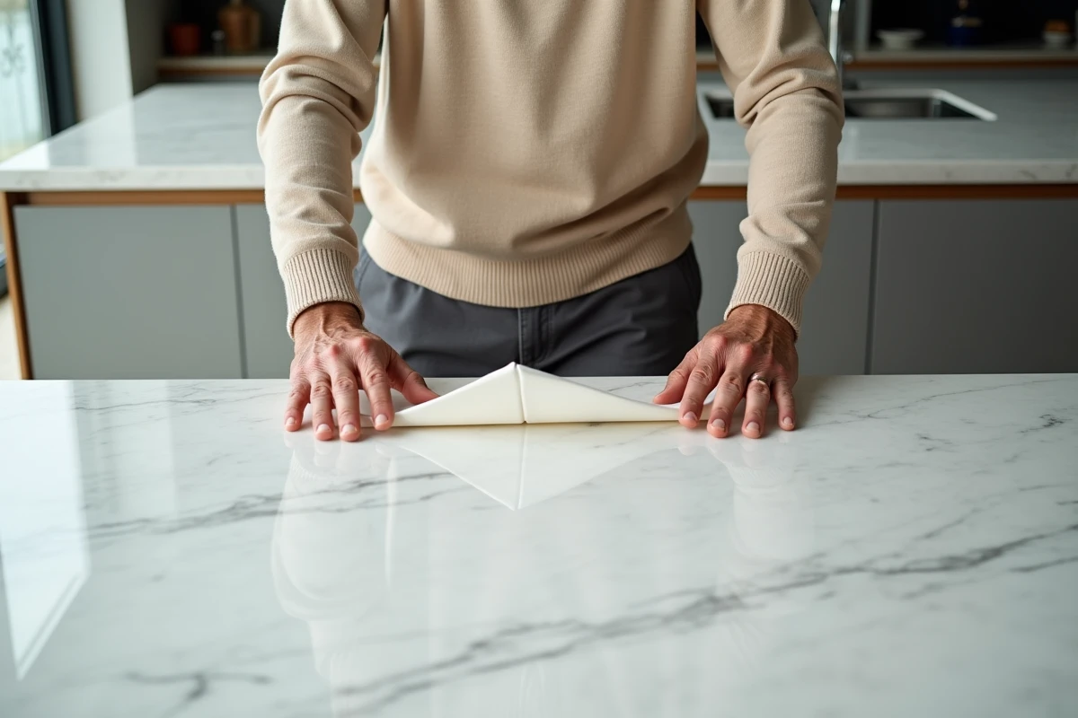 Homme plissant une nappe en cuisine moderne