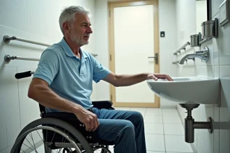 Homme d'âge moyen en fauteuil dans une salle de bain accessible