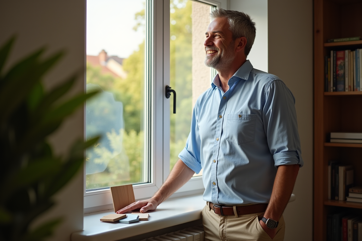 Homme souriant regardant une fenêtre dans une maison