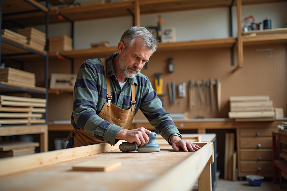 Homme poncant un meuble dans un atelier organisé et lumineux