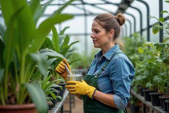 Femme horticultrice examinant des plantes d'intérieur