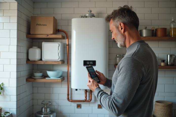 inspecteur-chauffe-eau-thermodynamique Homme d'âge moyen inspectant un chauffe-eau thermodynamique dans une buanderie