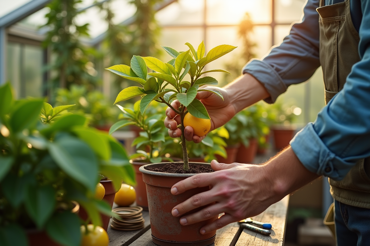 Jardinier inspectant un citronnier en pot avec feuilles jaunes