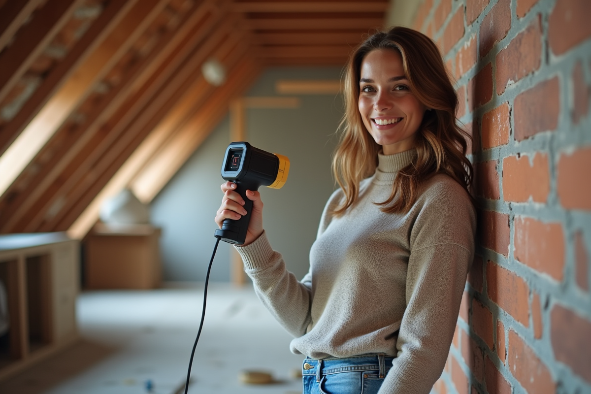 Jeune femme utilisant une camera thermique dans un grenier