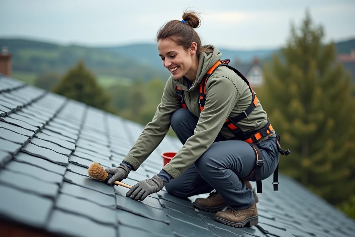 Femme inspectant des tuiles de toit avec une brosse et un seau