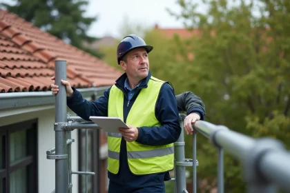 Ouvrier inspectant un toit de maison moderne en extérieur