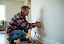 Homme d'âge moyen installant une prise électrique dans un salon lumineux
