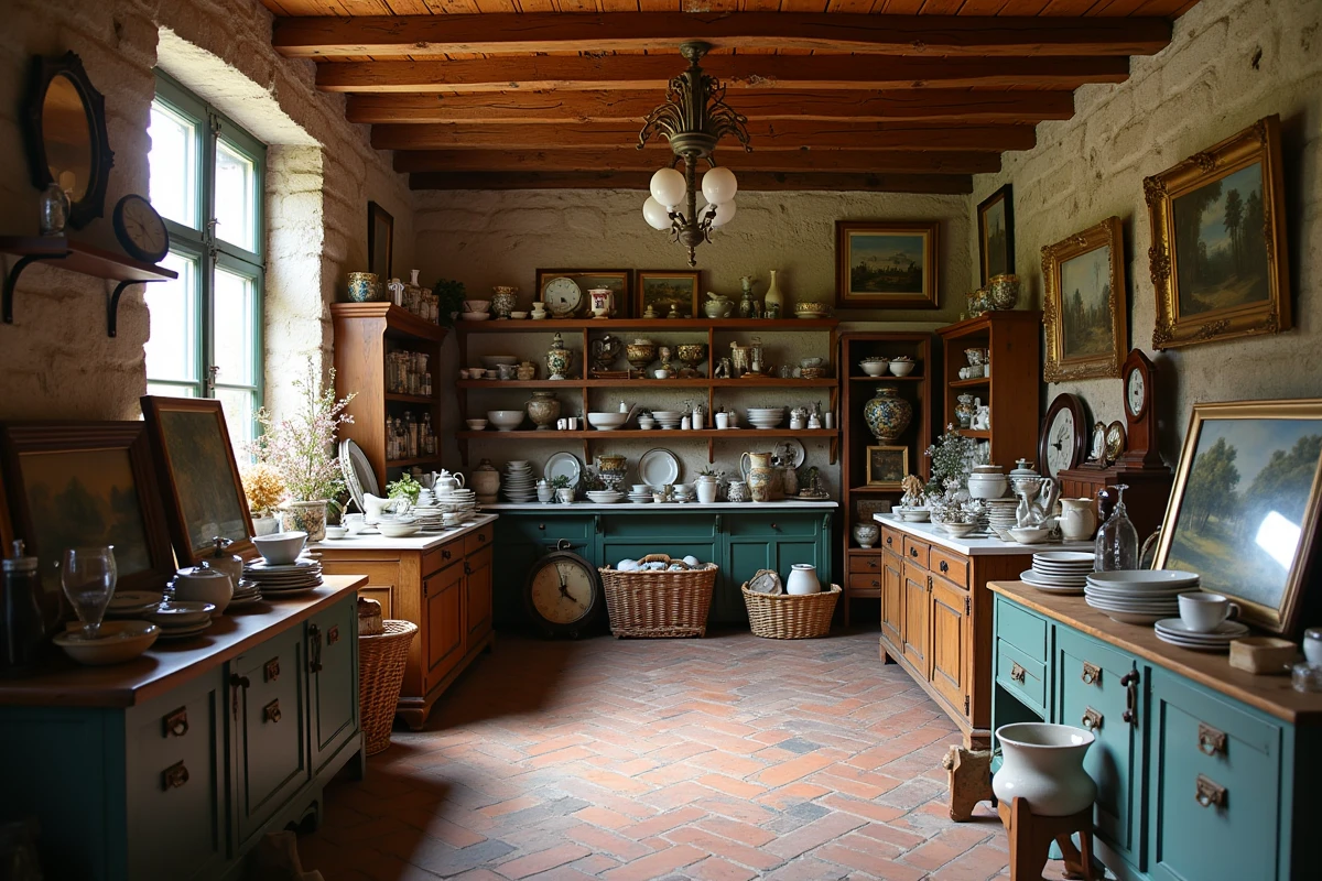 Intérieur d'un dépôt vente à Caen avec des objets d'héritage et de vide-maison exposés