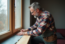 Homme appliquant du ruban isolant près d'une fenêtre