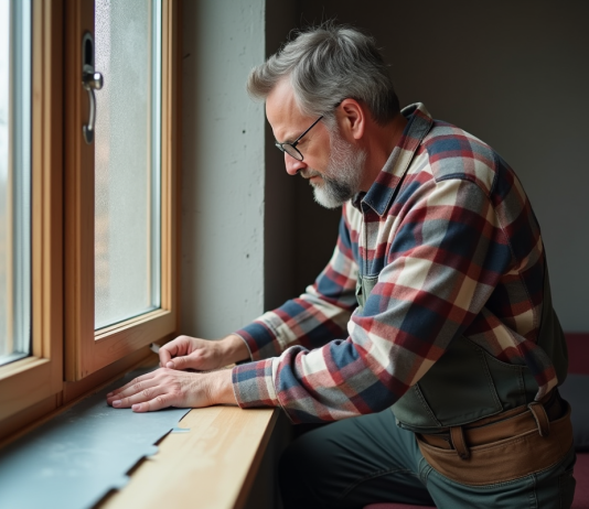 Homme appliquant du ruban isolant près d'une fenêtre