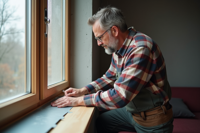 Homme appliquant du ruban isolant près d'une fenêtre