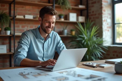 Jeune architecte travaillant sur un laptop avec modèles 3D