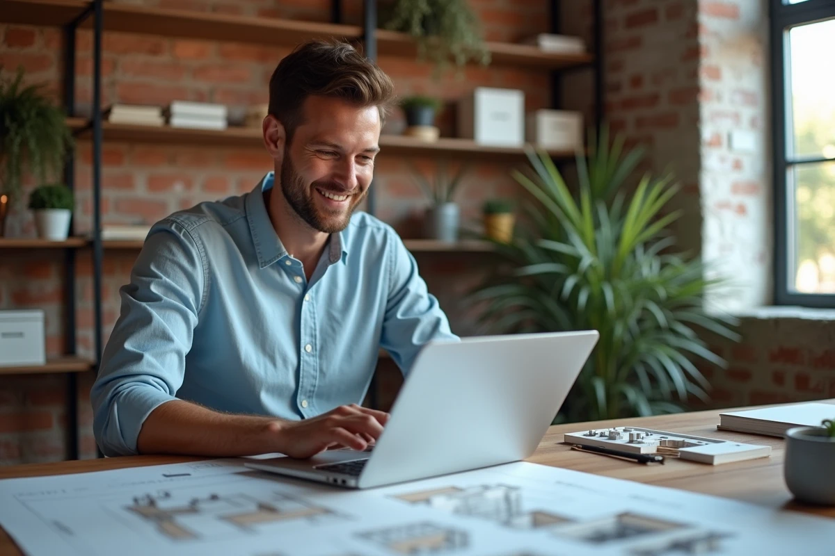 Jeune architecte travaillant sur un laptop avec modèles 3D