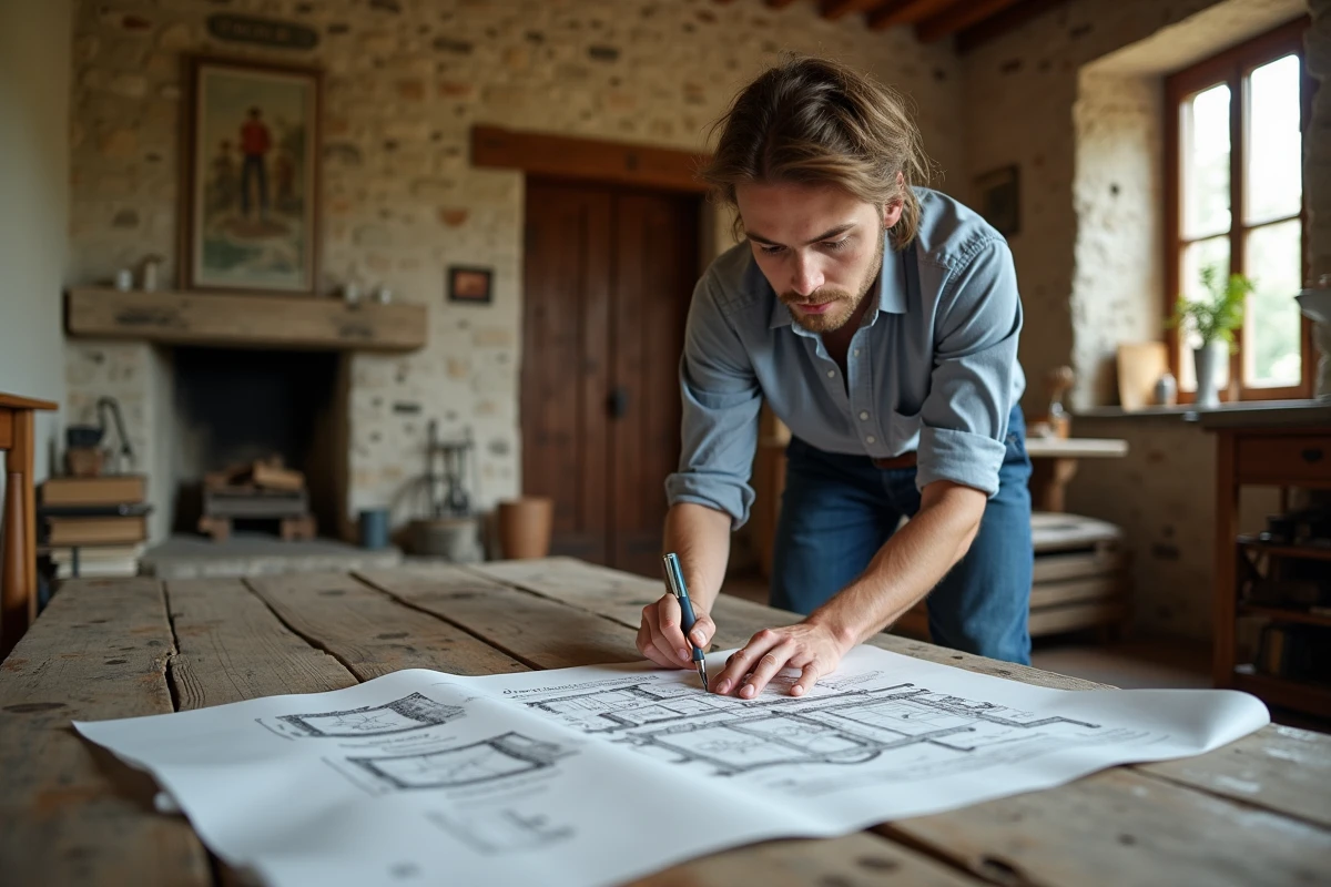 Jeune architecte analysant des plans dans une pièce rustique