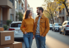 Jeune couple souriant avec cartons en ville pour déménagement