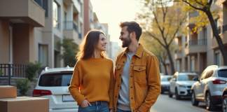 Jeune couple souriant avec cartons en ville pour déménagement