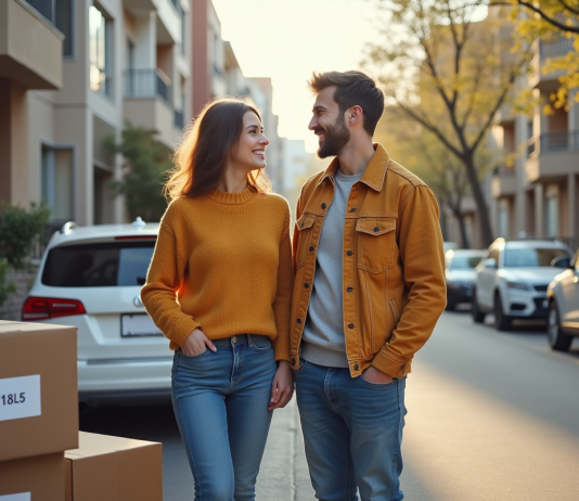 Jeune couple souriant avec cartons en ville pour déménagement