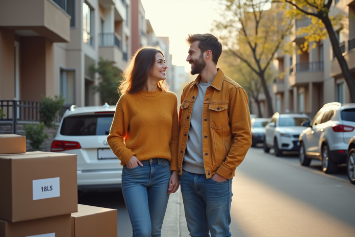 Jeune couple souriant avec cartons en ville pour déménagement