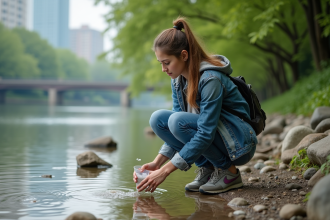 Jeune femme collecte un échantillon d'eau au bord de la rivière