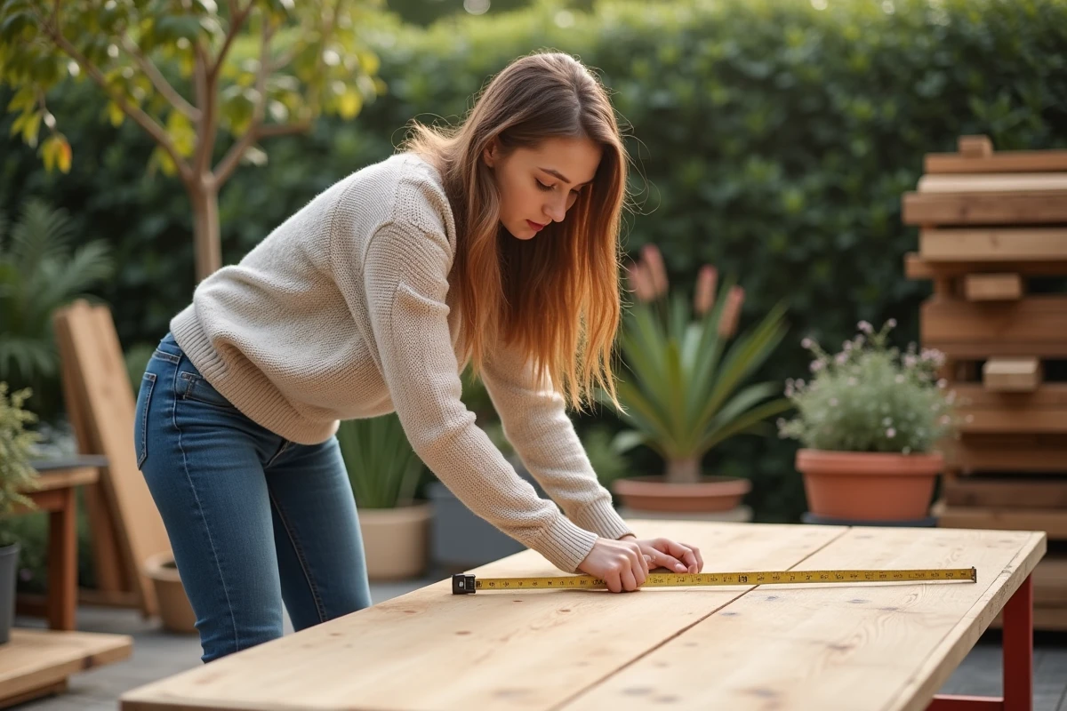 Jeune femme mesurant une planche en bois dans un jardin