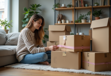 Jeune femme mesure des cartons dans son salon