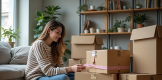 Jeune femme mesure des cartons dans son salon