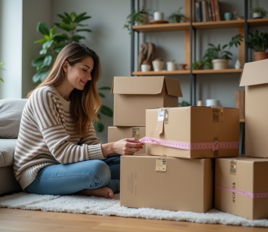 Jeune femme mesure des cartons dans son salon