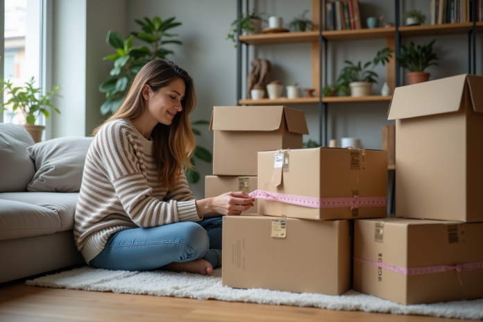 Jeune femme mesure des cartons dans son salon