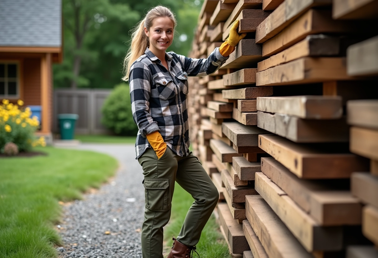 Jeune femme avec gants et pantalon cargo près de traverses nettoyées
