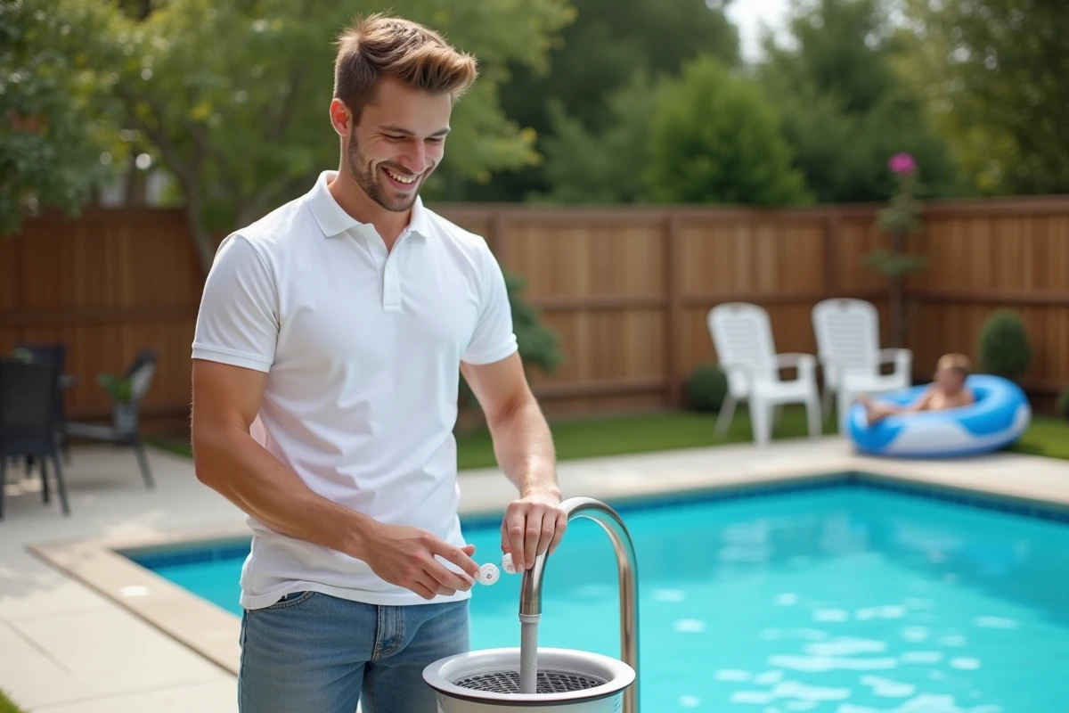 Jeune homme ajoutant un comprimé de chlore à la piscine