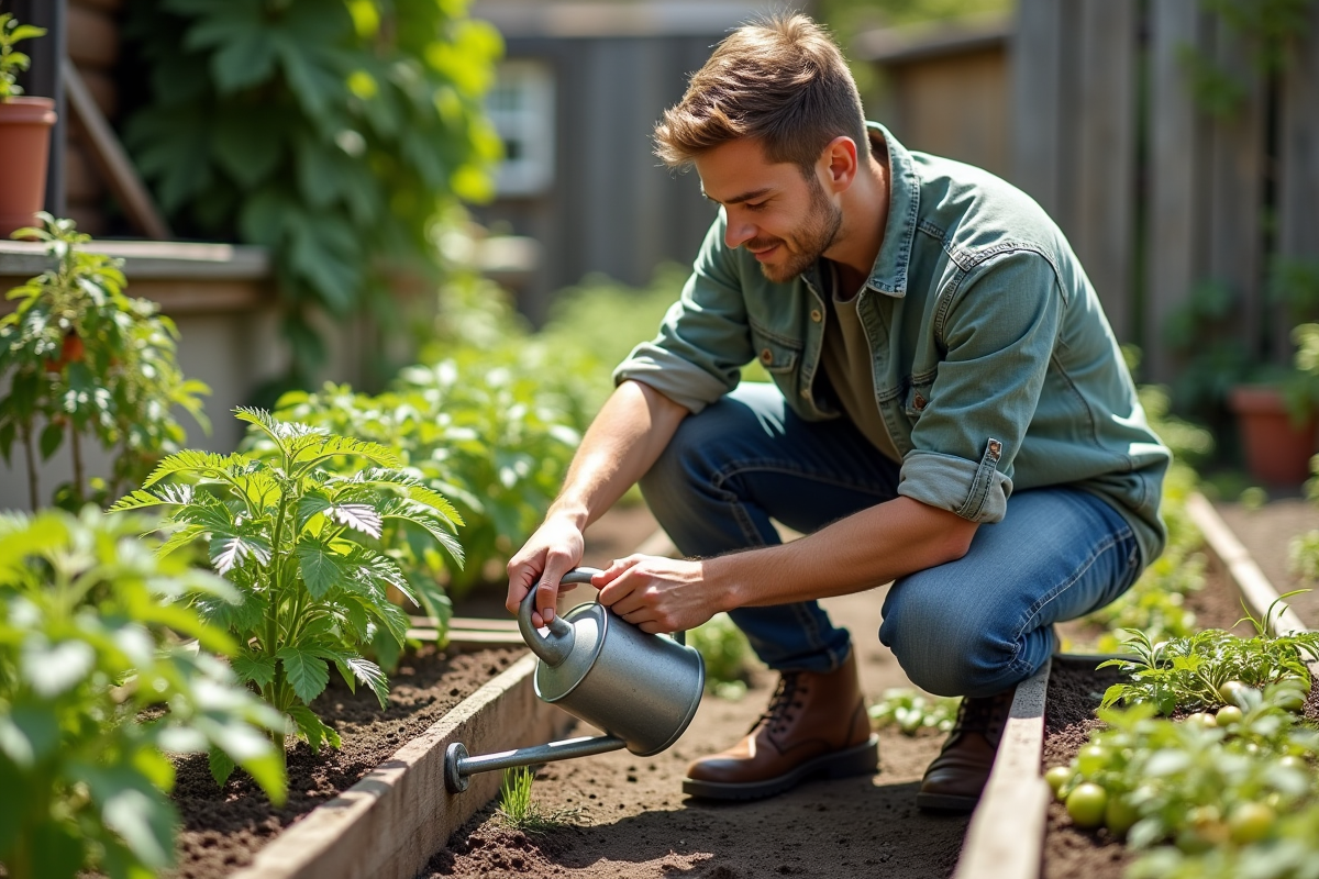 Jeune homme arrosant tomates dans un jardin ensoleille