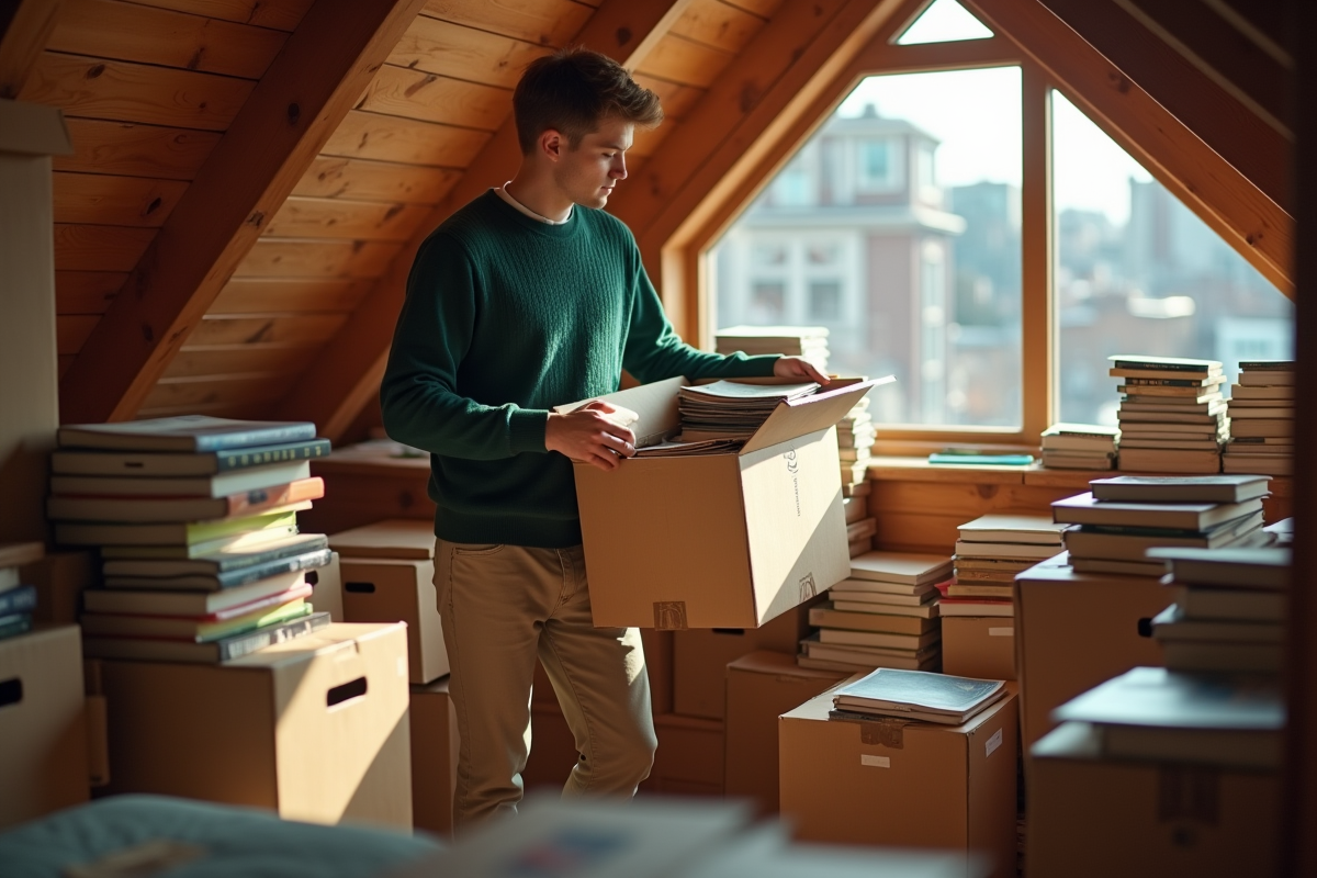 Jeune homme rangeant des livres dans un grenier lumineux