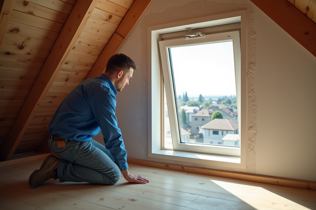 Jeune homme en travaux dans un grenier avec fenêtre en rénovation