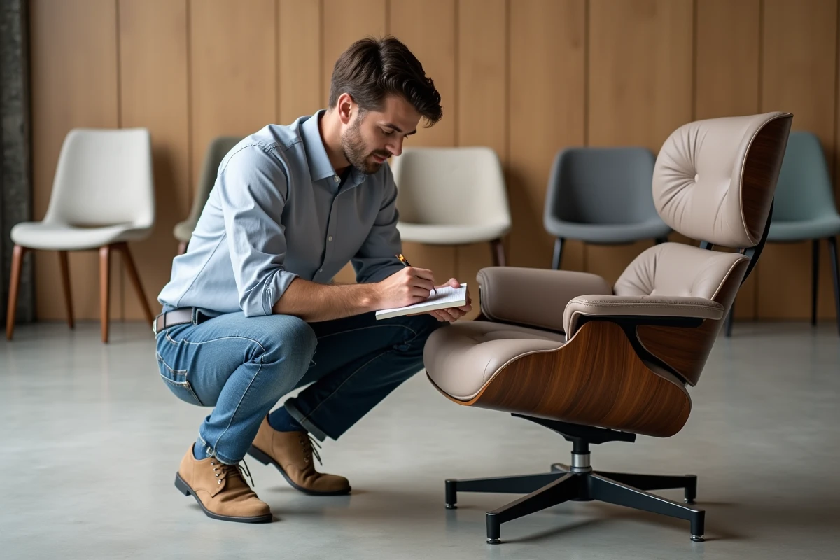 Jeune homme note en observant un fauteuil design dans un showroom