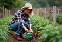 Arroser les pieds de tomates : comment optimiser l’arrosage pour une bonne croissance? Femme en chapeau de paille arrosant tomates dans un jardin