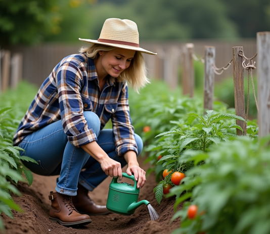 Arroser les pieds de tomates : comment optimiser l’arrosage pour une bonne croissance? Femme en chapeau de paille arrosant tomates dans un jardin