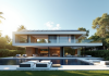 Maison futuriste avec grandes baies vitrées et panneaux solaires