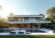 Maison futuriste avec grandes baies vitrées et panneaux solaires