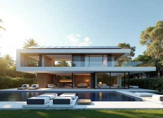 Habitations modernes : Découvrez les dernières tendances 2025 en architecture Maison futuriste avec grandes baies vitrées et panneaux solaires