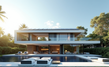 Habitations modernes : Découvrez les dernières tendances 2025 en architecture Maison futuriste avec grandes baies vitrées et panneaux solaires