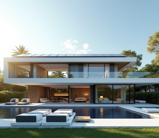 Maison futuriste avec grandes baies vitrées et panneaux solaires