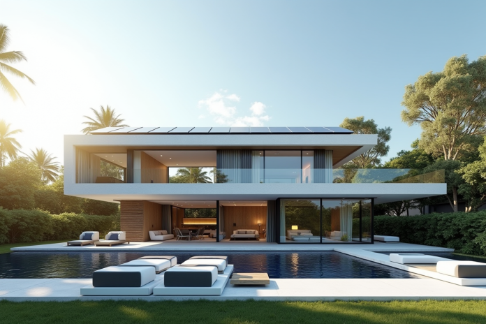 Maison futuriste avec grandes baies vitrées et panneaux solaires