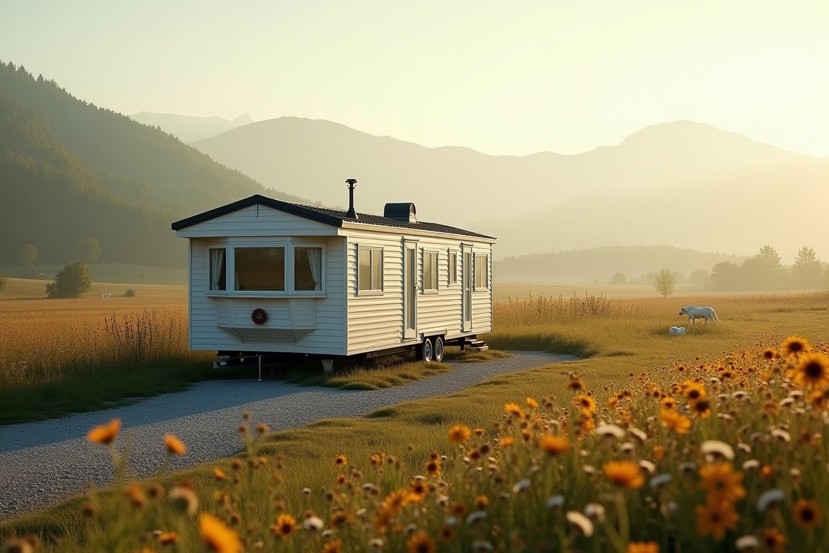 Maison mobile dans un champ rural avec fleurs sauvages