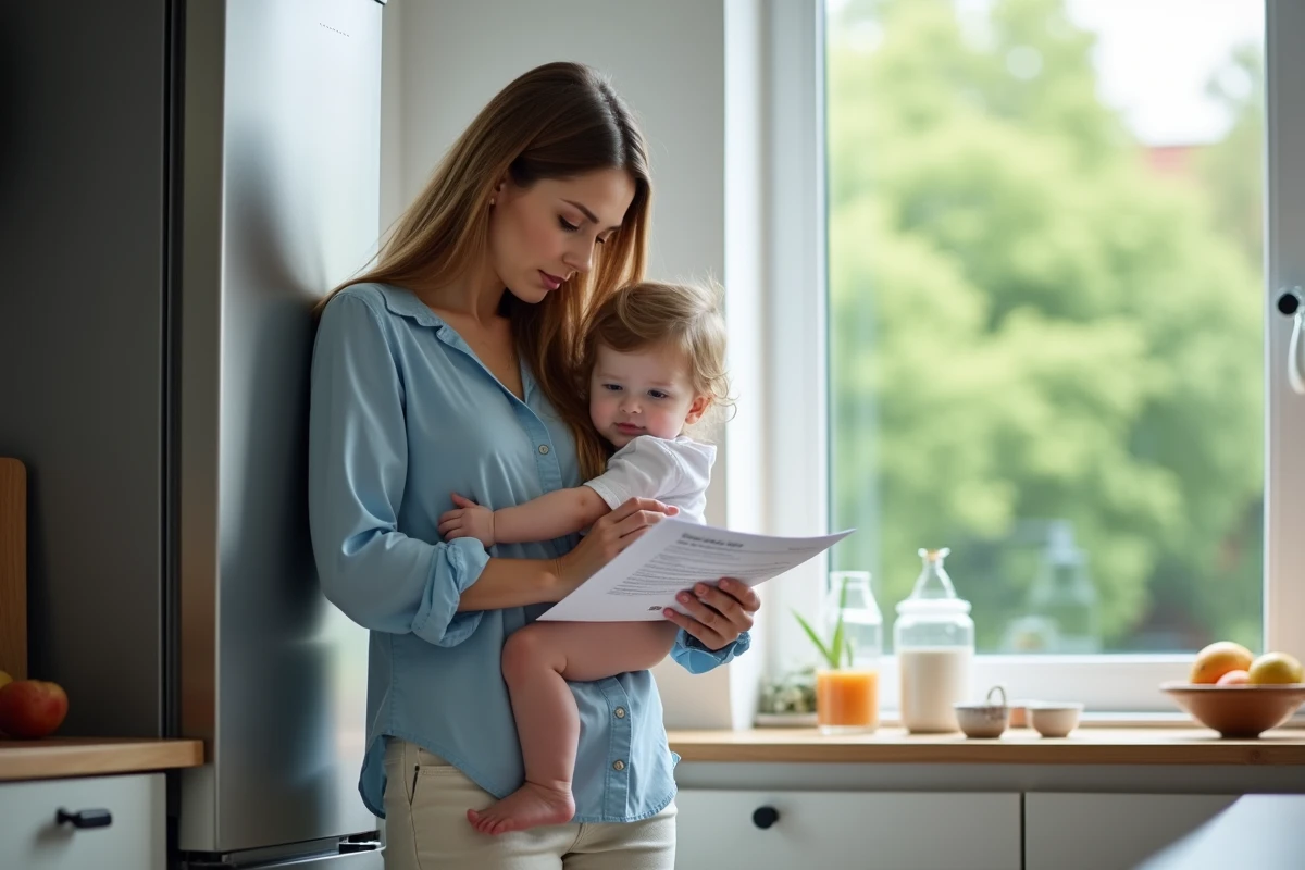 Mère inquiète avec sa fille près du réfrigérateur en cuisine