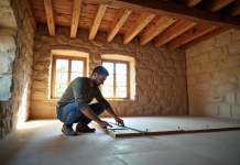 Artisan mesurant des panneaux d'isolation dans une maison ancienne
