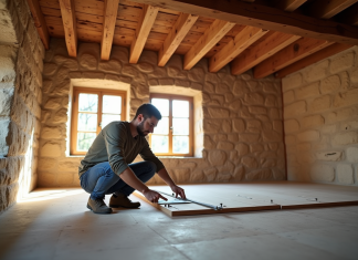 Isolation maison ancienne : quelle épaisseur choisir ? Artisan mesurant des panneaux d'isolation dans une maison ancienne