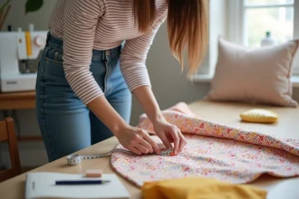 Femme mesurant un tissu coloré dans un atelier de couture